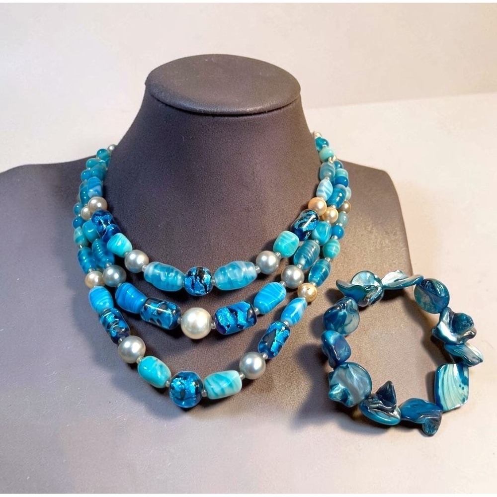 Vintage 50s 60s Blue Art Glass 3 Strand Necklace Set Foil Beads Shell Bracelet